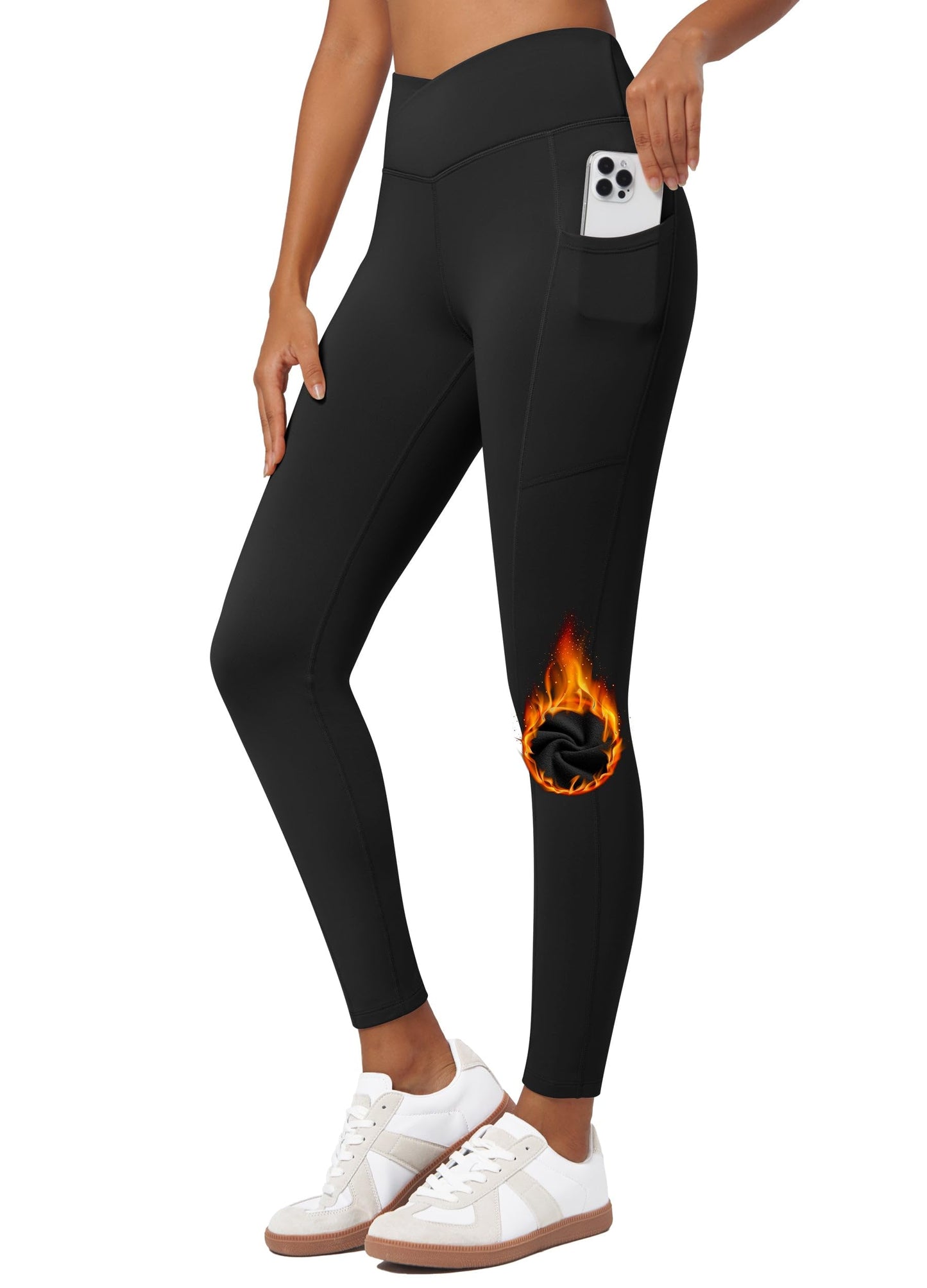 Willit Womens Fleece Lined Leggings Thermal Winter Pants Warm Yoga Running Tights High Waisted with Pockets V-Cross Black 3XL