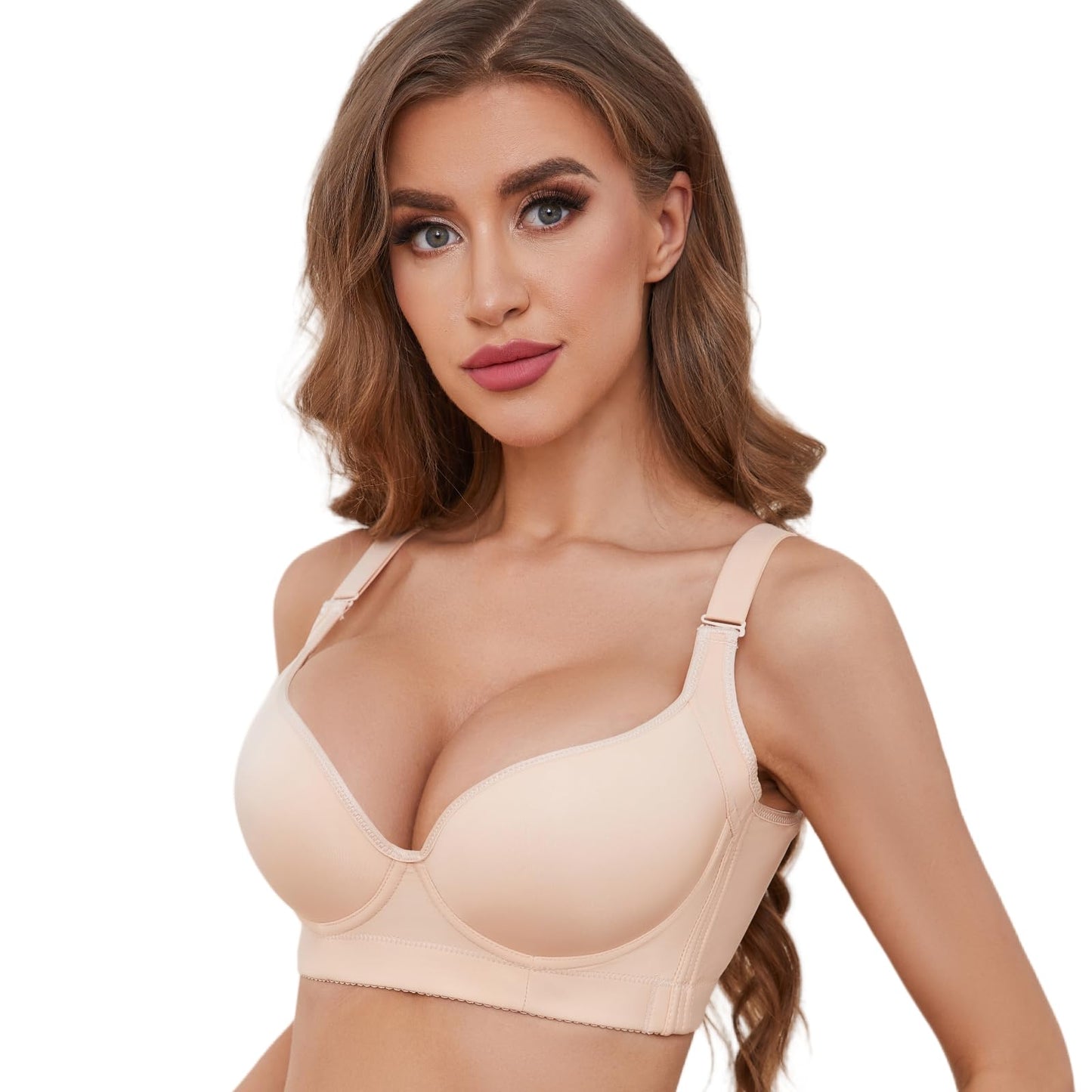 Henoble Push Up Bras for Women Back Fat Smoothing Bra Seamless Underwire T-Shirt Bra Beige 38C